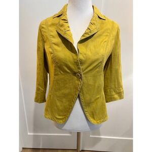 Women's Chartreuse Ramie Cropped Blazer 3/4 Sleeve Collared Button Front Size 8